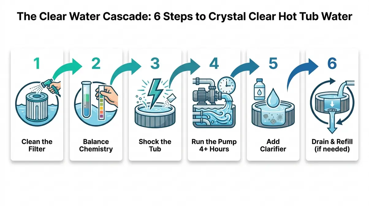 Cloudy Hot Tub Water: 6 Causes & How to Fix It Fast 14 Step-by-step illustrated guide for fixing cloudy hot tub water using the Clear Water Cascade method