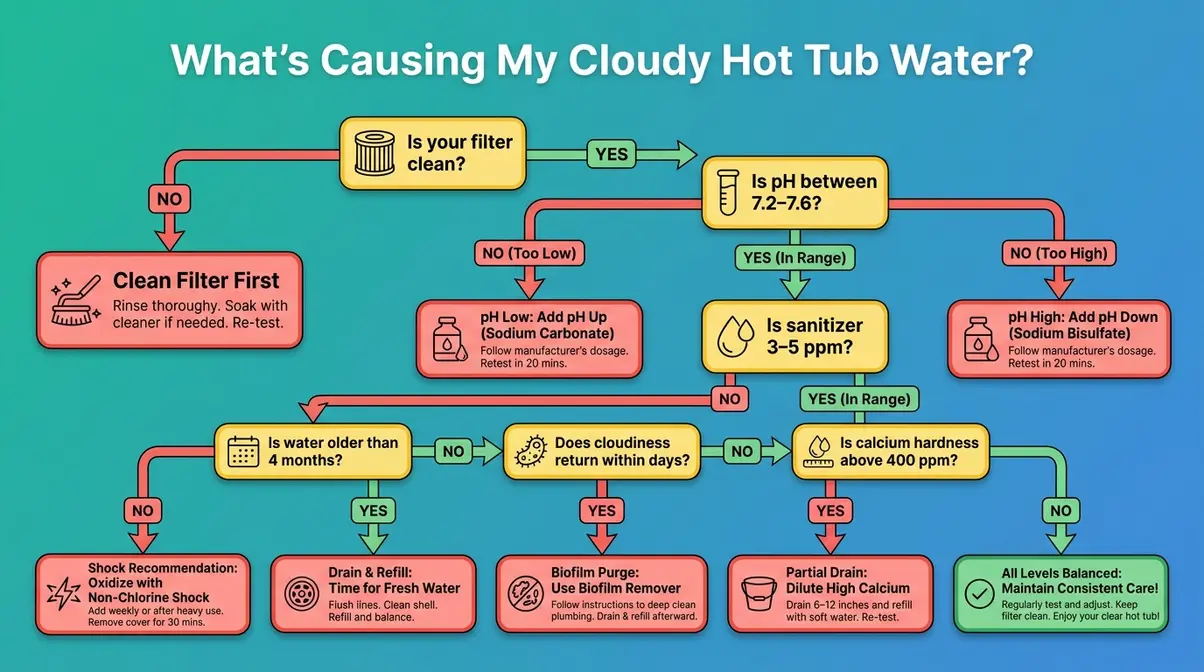 Cloudy Hot Tub Water: 6 Causes & How to Fix It Fast 12 Cloudy hot tub water diagnostic flowchart showing six causes and how to identify each