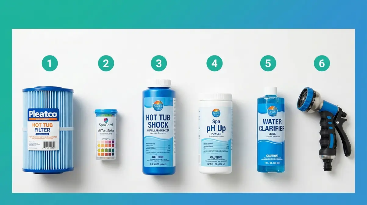 Cloudy Hot Tub Water: 6 Causes & How to Fix It Fast 10 Hot tub maintenance supplies arranged in sequence for the six-step cloudy water fix process