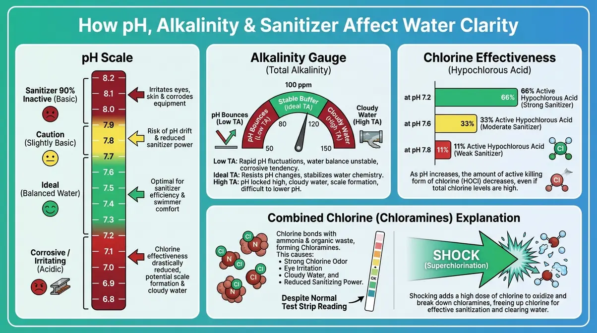 Cloudy Hot Tub Water: 6 Causes & How to Fix It Fast 16 Chemical interaction chart showing how pH, alkalinity, and chlorine interact to cause or prevent cloudy hot tub water