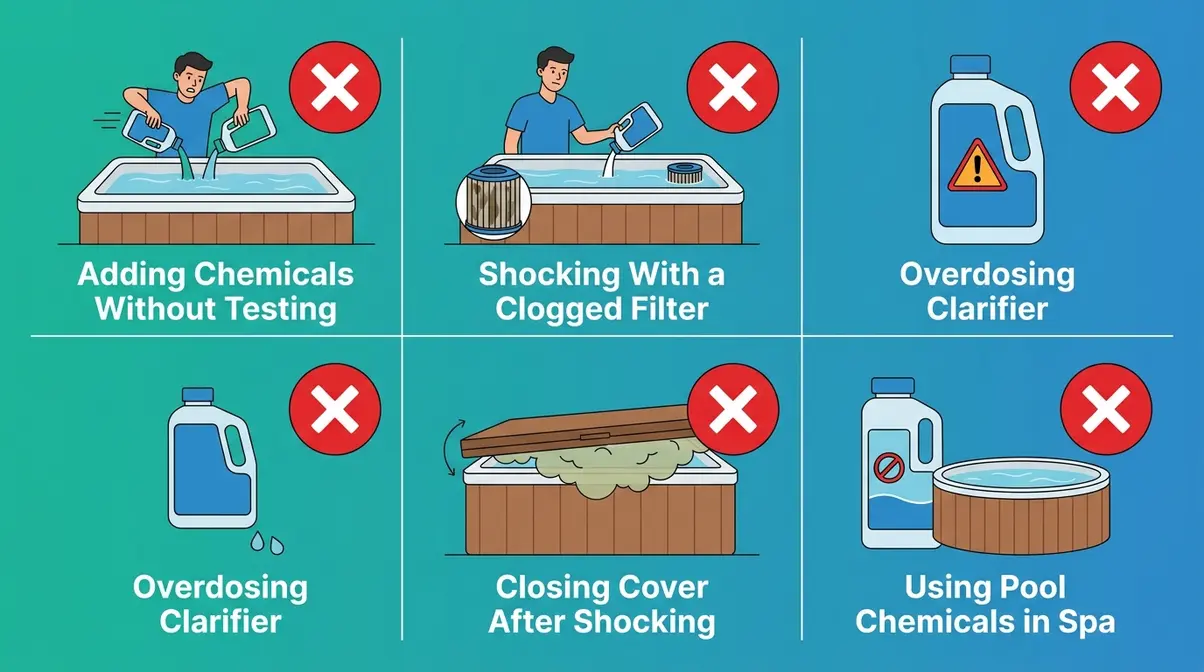 Cloudy Hot Tub Water: 6 Causes & How to Fix It Fast 18 Five common hot tub chemical mistakes illustrated with warning icons showing what not to do