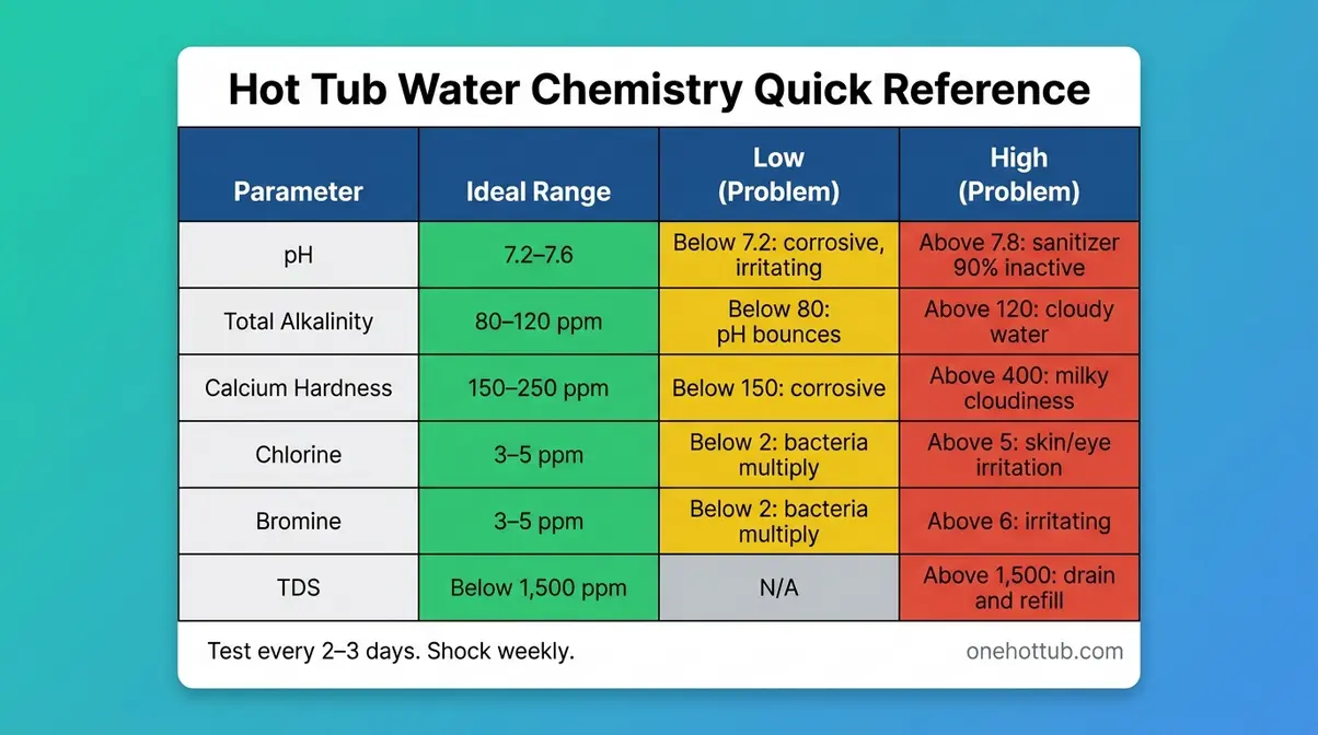 Cloudy Hot Tub Water: 6 Causes & How to Fix It Fast 17 Hot tub water chemistry cheat sheet with ideal target ranges for pH, alkalinity, calcium hardness, and sanitizer levels