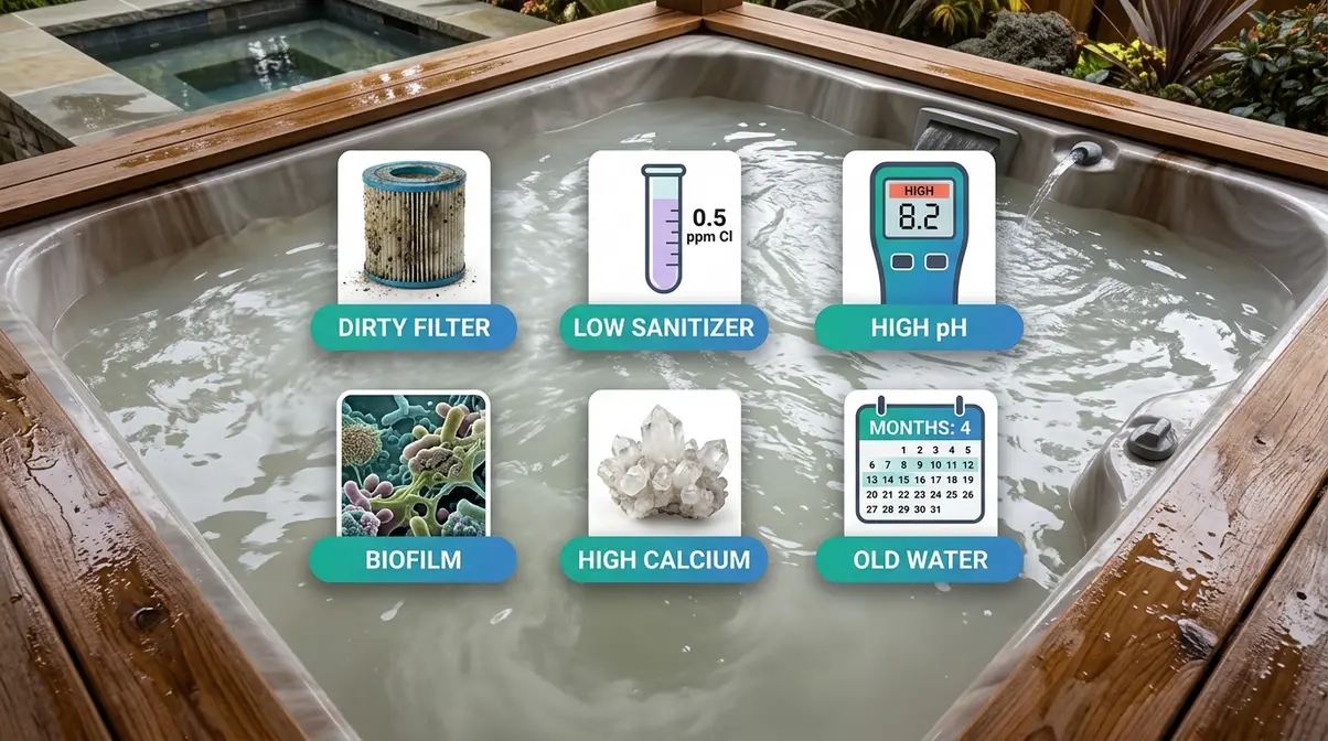 Cloudy Hot Tub Water: 6 Causes & How to Fix It Fast 9 Hot tub with cloudy milky water showing six common causes illustrated with icons