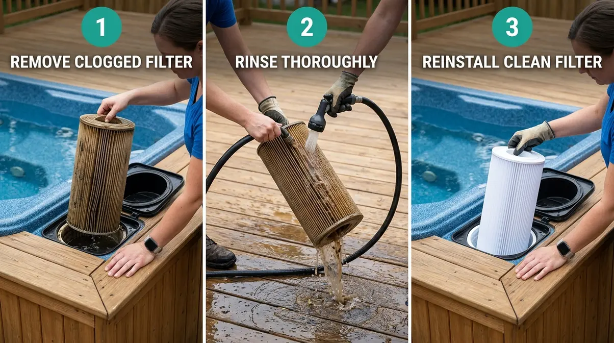 Cloudy Hot Tub Water: 6 Causes & How to Fix It Fast 15 Hot tub filter cartridge being removed, rinsed with garden hose, and reinstalled in three steps