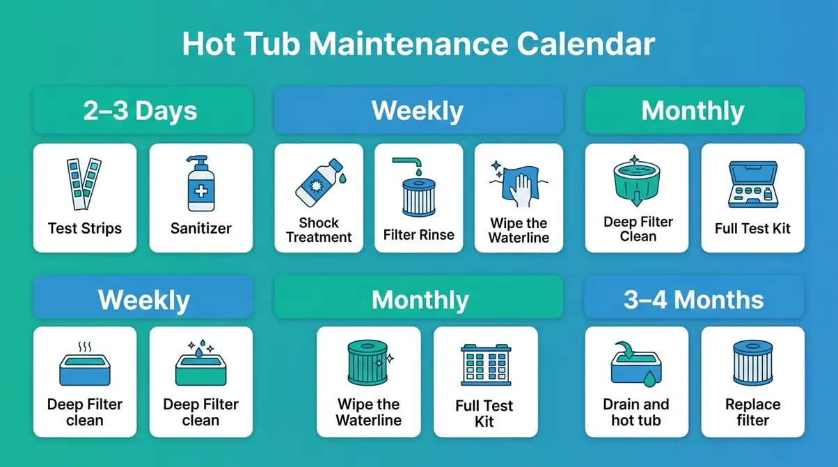 Cloudy Hot Tub Water: 6 Causes & How to Fix It Fast 13 Hot tub maintenance schedule showing tasks every two to three days, weekly, monthly, and every four months