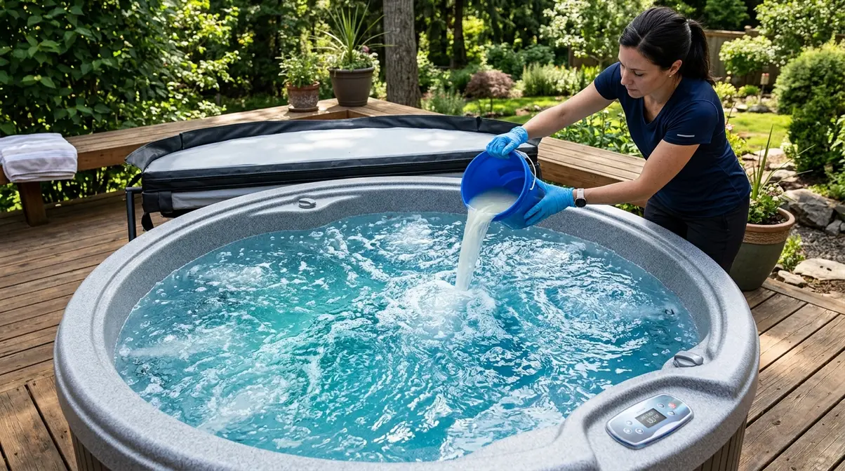 Cloudy Hot Tub Water: 6 Causes & How to Fix It Fast 11 Person adding pre-dissolved spa shock around hot tub perimeter with jets running and cover removed