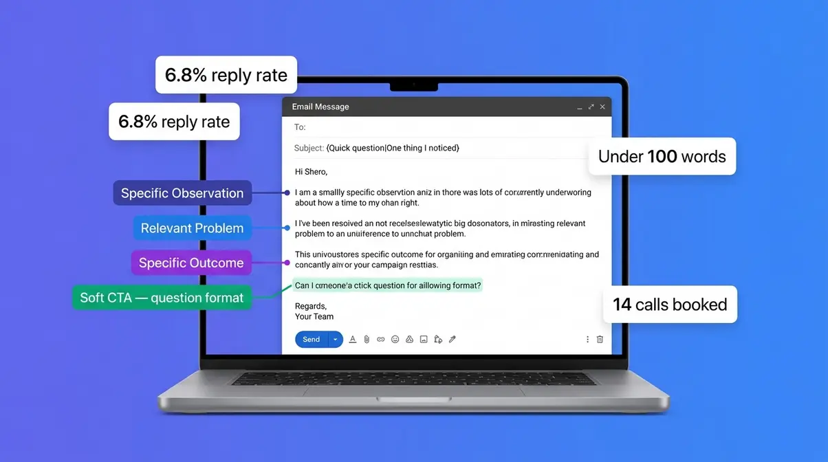 Cold email copywriting interface showing four-line personalisation framework with reply rate metrics and spintax subject line