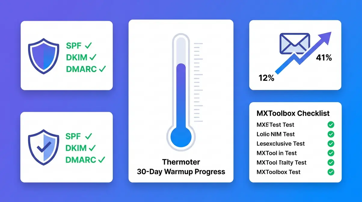 Inbox warmup and deliverability setup showing SPF DKIM DMARC verification and sender score progress over 30 days