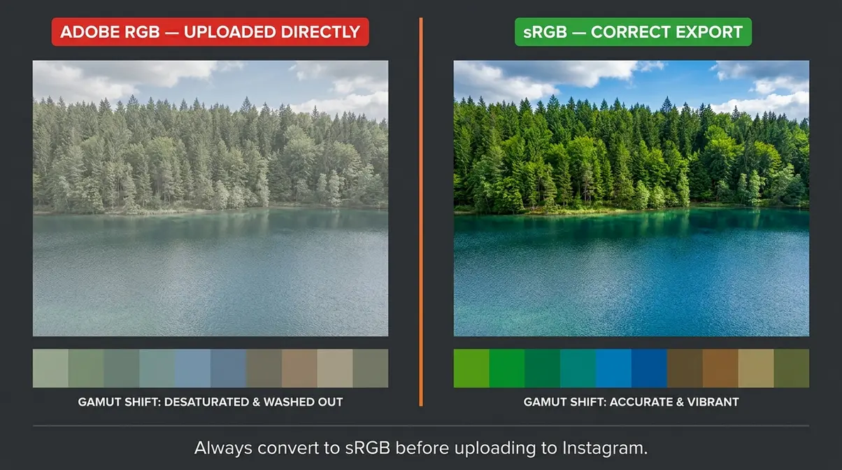 Adobe RGB versus sRGB Instagram upload comparison showing color profile photography desaturation problem