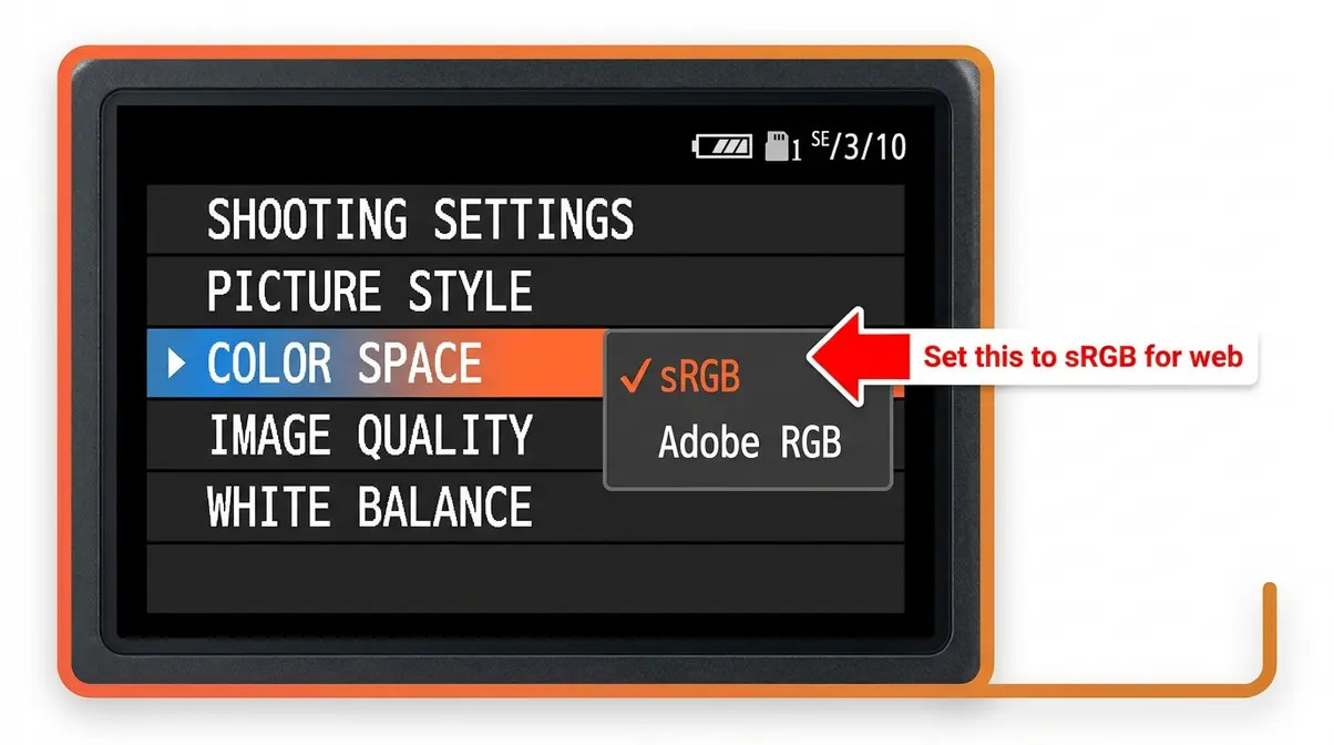 Canon camera menu showing Color Space setting with sRGB selected for color profile photography