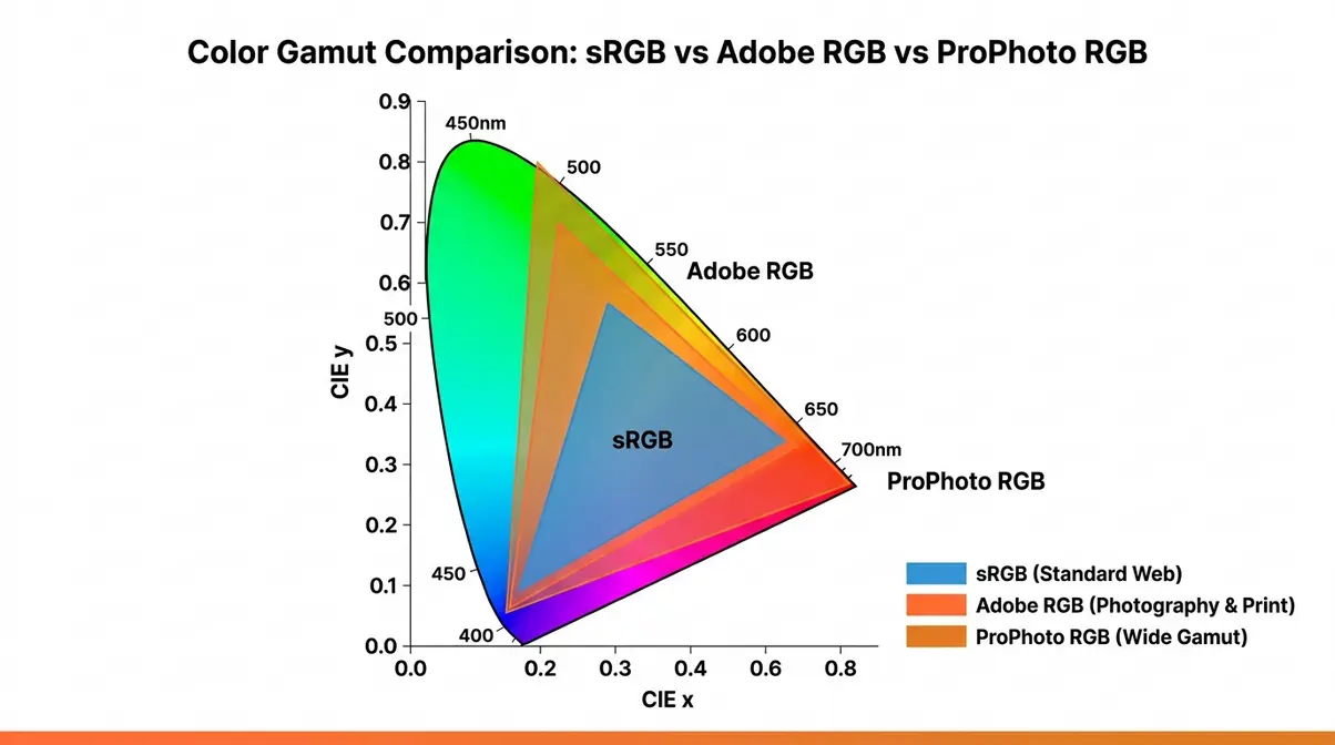 Color gamut comparison diagram showing sRGB Adobe RGB and ProPhoto RGB triangles on CIE chromaticity chart