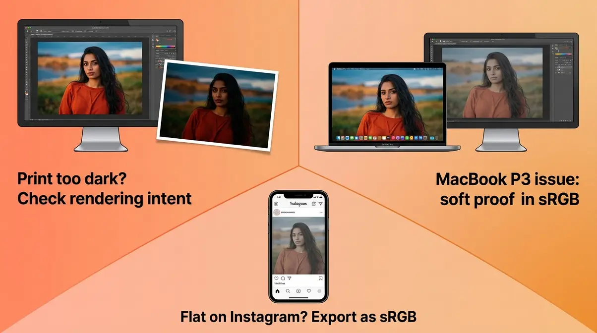 Color profile photography troubleshooting guide showing common problems including oversaturated prints and flat Instagram photos