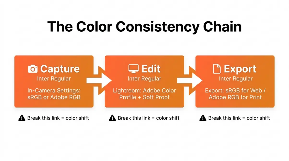 Color profile photography workflow diagram showing the Color Consistency Chain from capture to edit to export