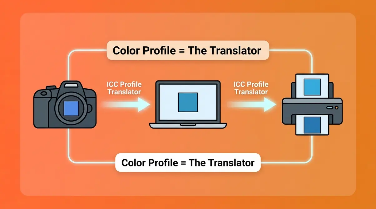 Color profiles in photography diagram showing ICC profile translating colors between camera monitor and printer