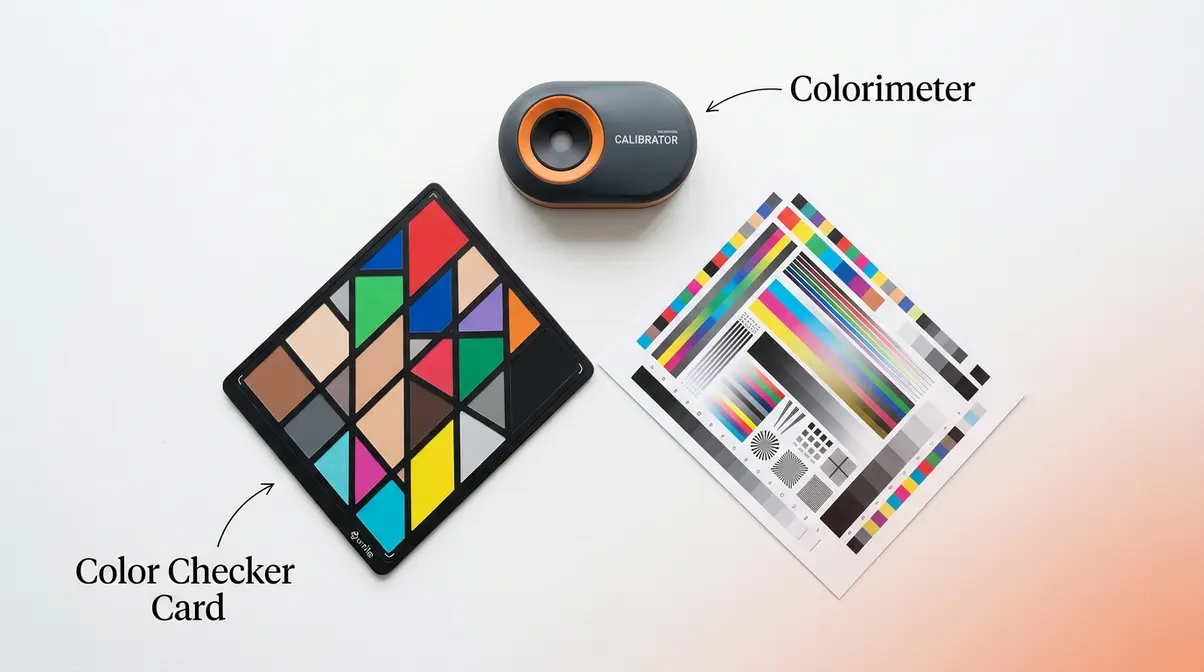 Hardware calibration tools for color profile photography including colorimeter device and color checker card
