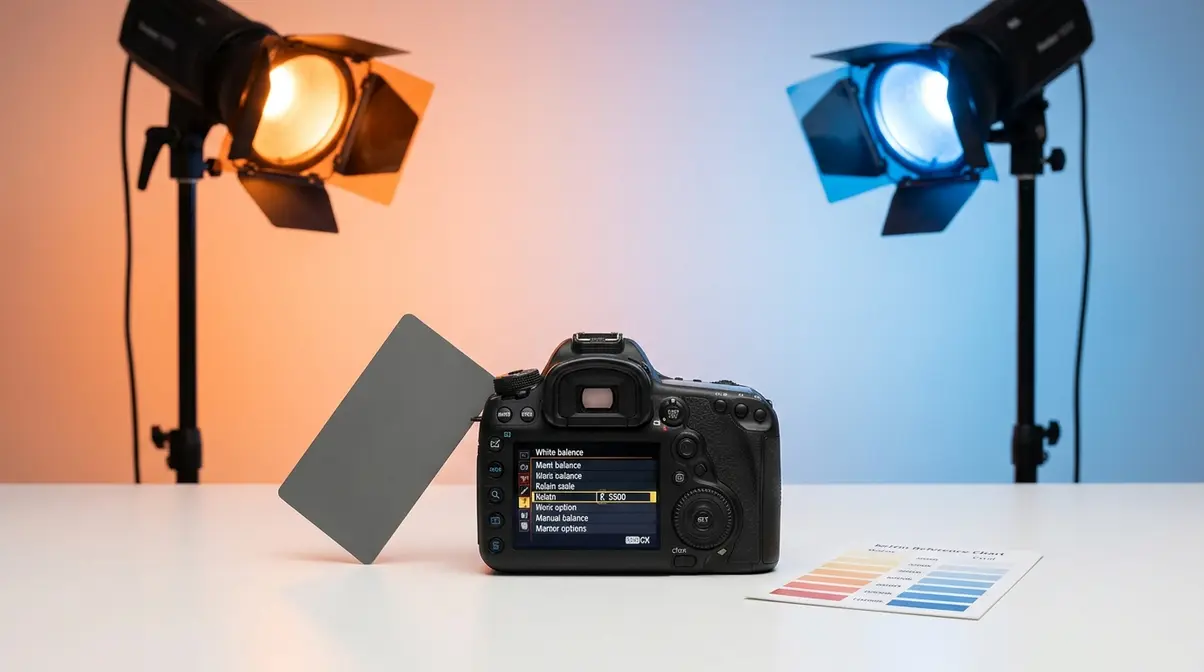 Camera white balance settings showing manual Kelvin entry on DSLR LCD screen with gray card and reference chart