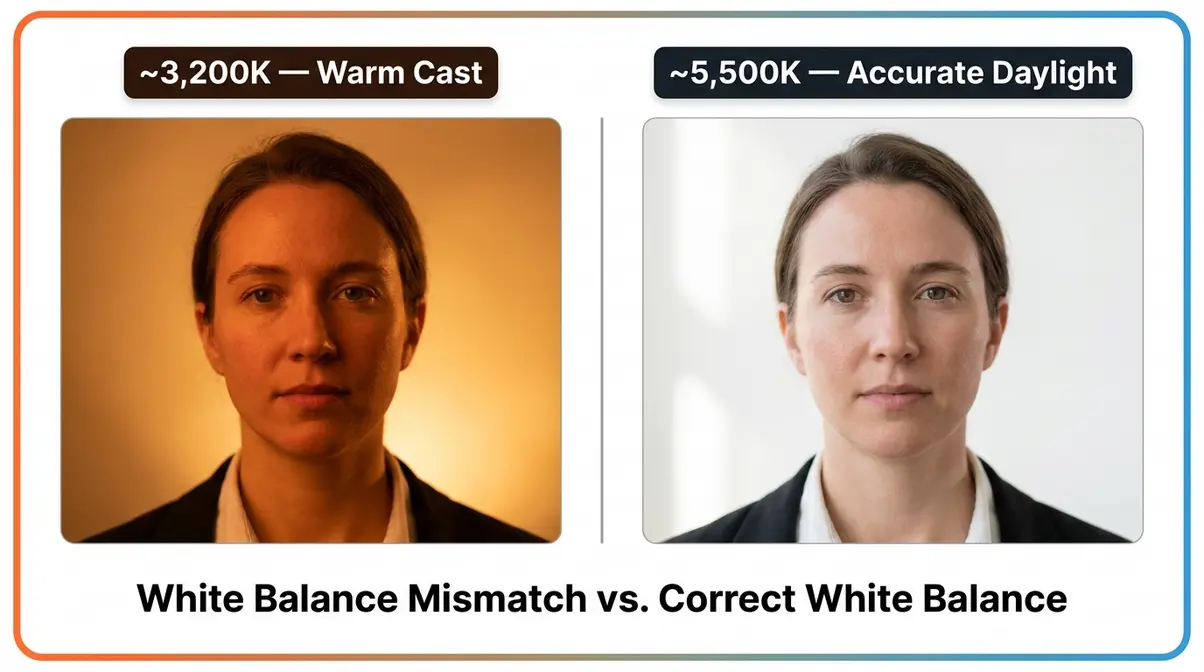 Color temperature photography side-by-side portrait showing warm orange cast at 3200K versus accurate daylight at 5500K