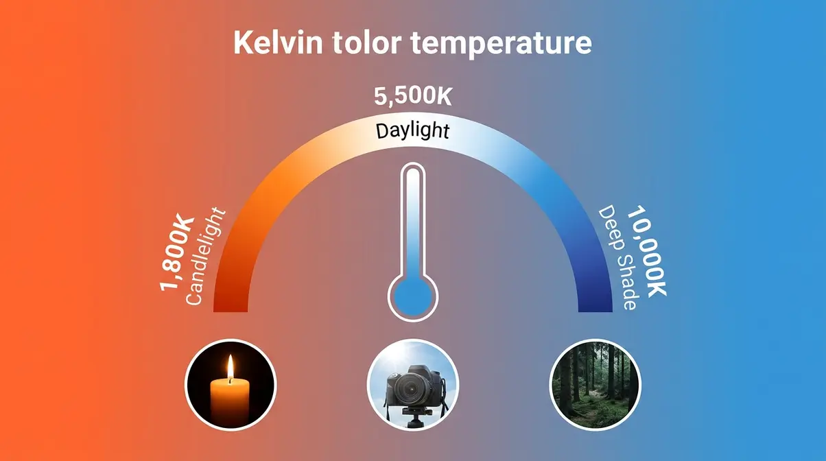 Color temperature photography concept diagram showing Kelvin scale from warm candlelight to cool shade with real-world examples