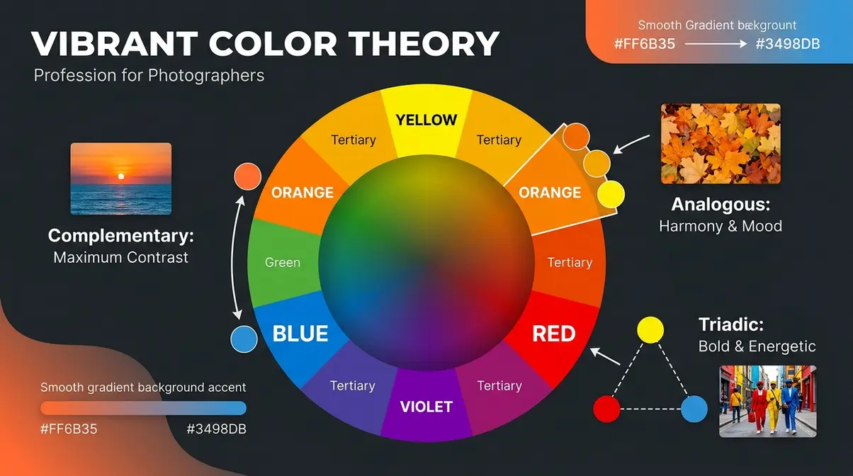Color theory photography wheel showing complementary analogous and triadic color schemes for photographers