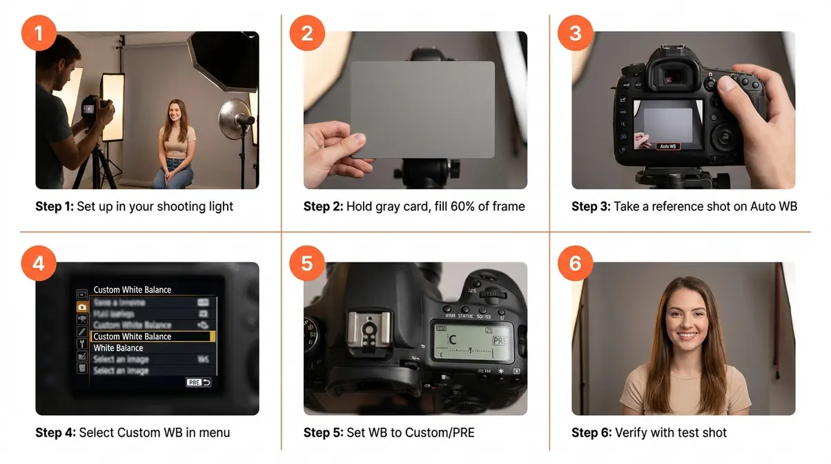 Gray card white balance calibration step-by-step tutorial showing camera setup and custom white balance menu process