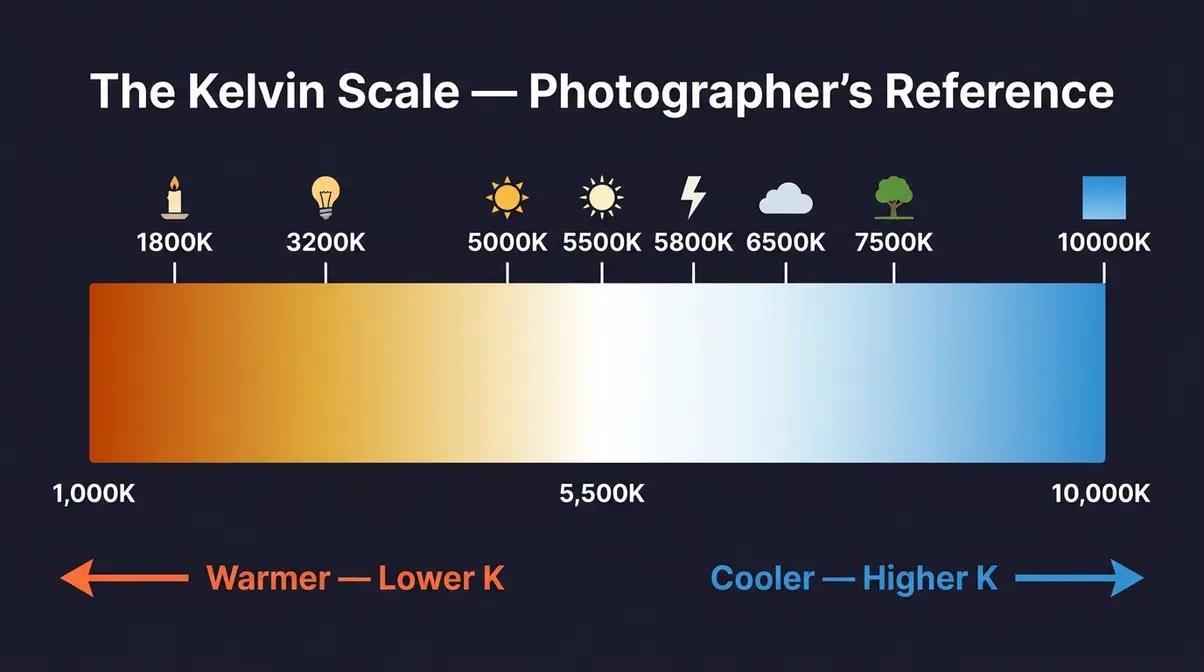 Kelvin scale color temperature chart for photographers showing warm to cool light sources from 1000K to 10000K