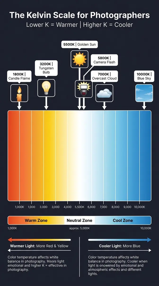Color temperature photography Kelvin scale infographic from 1000K candlelight warmth to 10000K deep shade cool blue