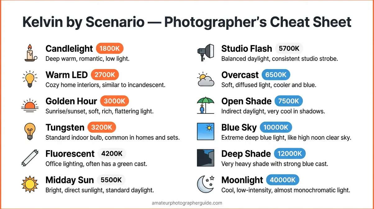 Kelvin temperature chart photography cheat sheet printable with all common shooting scenarios and Kelvin values