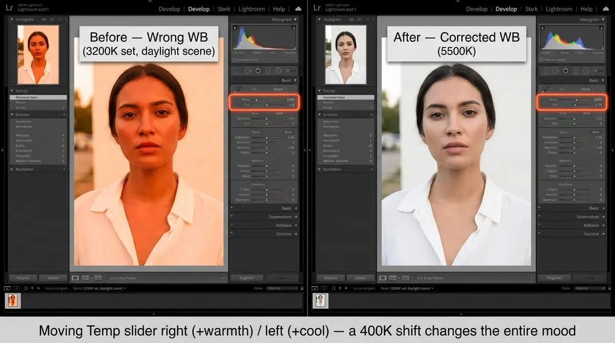 Lightroom white balance temperature and tint sliders before and after color correction comparison showing orange cast fix