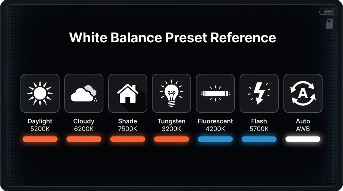 Camera white balance preset icons reference showing daylight cloudy shade tungsten fluorescent flash and auto AWB menu options