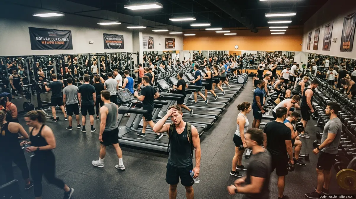 Crowded commercial gym during peak hours with full equipment and people waiting for squat racks