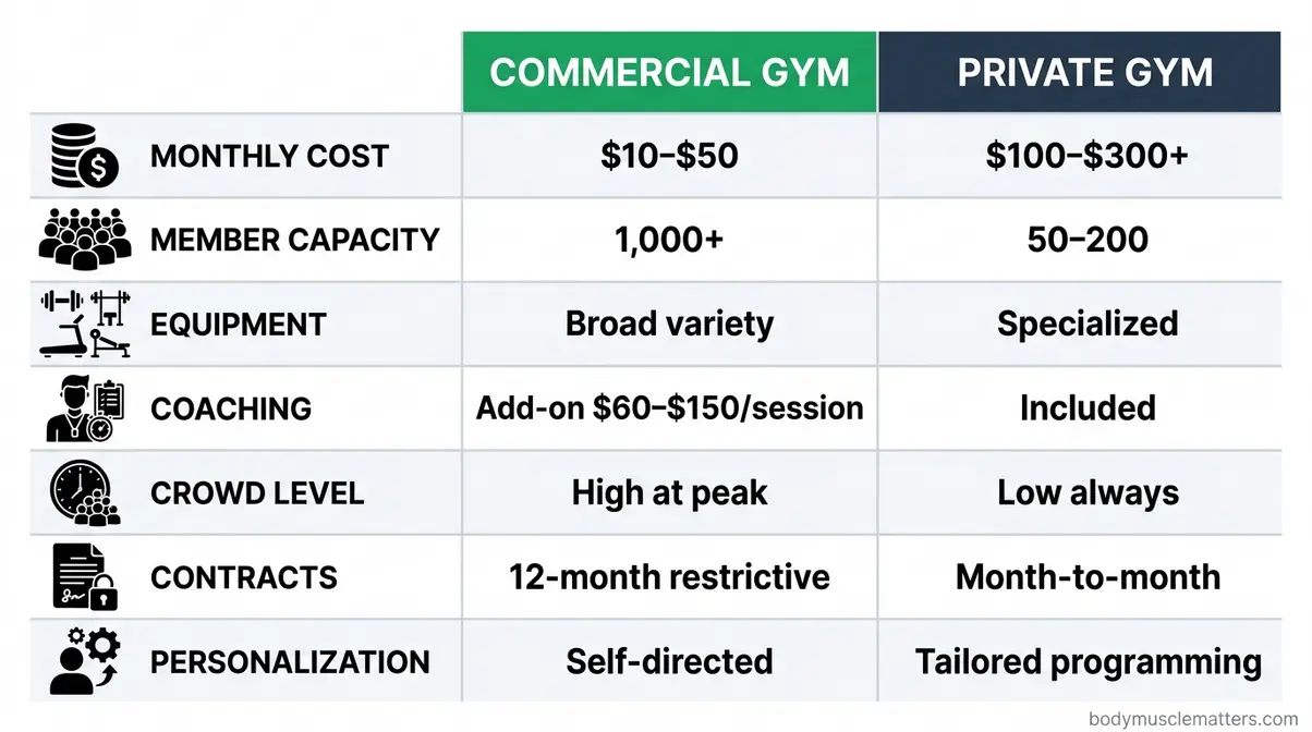 Infographic comparing commercial gym vs private gym across cost, coaching, crowds, and contract terms