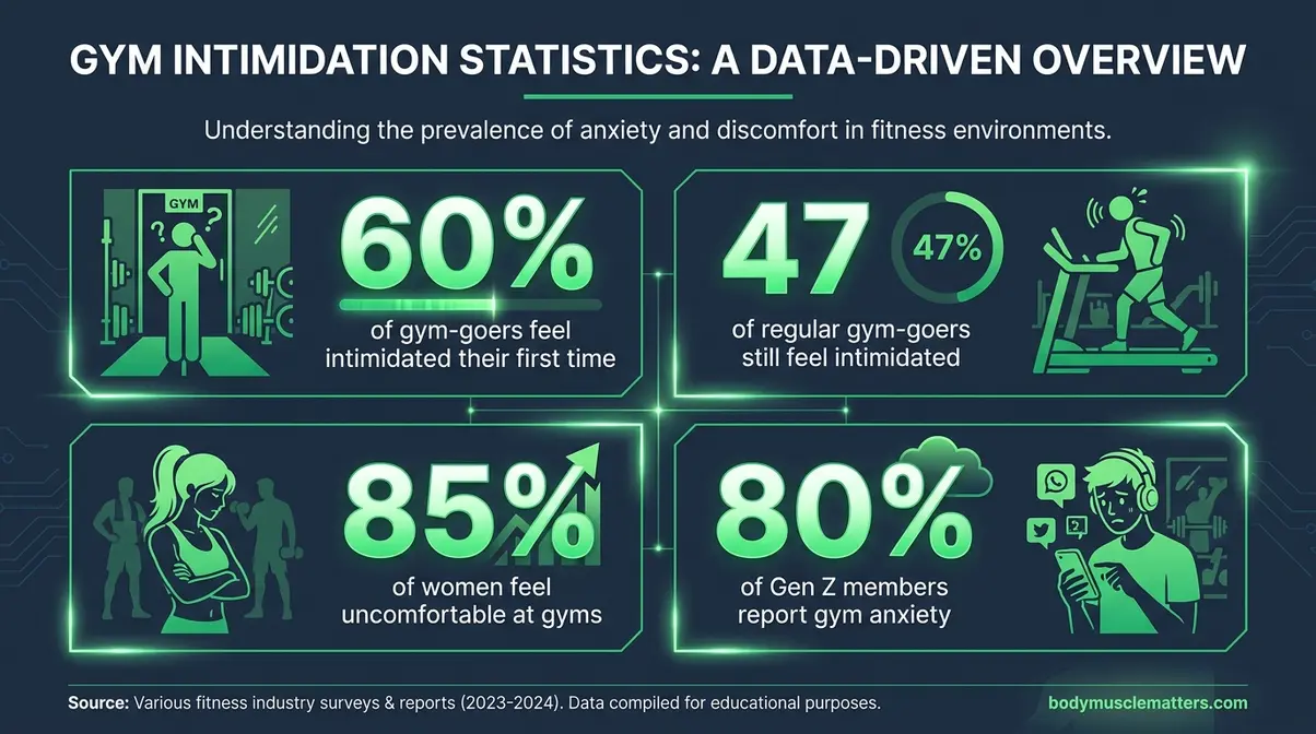 Infographic showing gym intimidation statistics with 60% of first-time gym-goers feeling intimidated