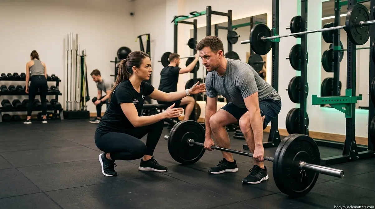 Private gym coaching session with personal trainer correcting client form in distraction-free studio environment