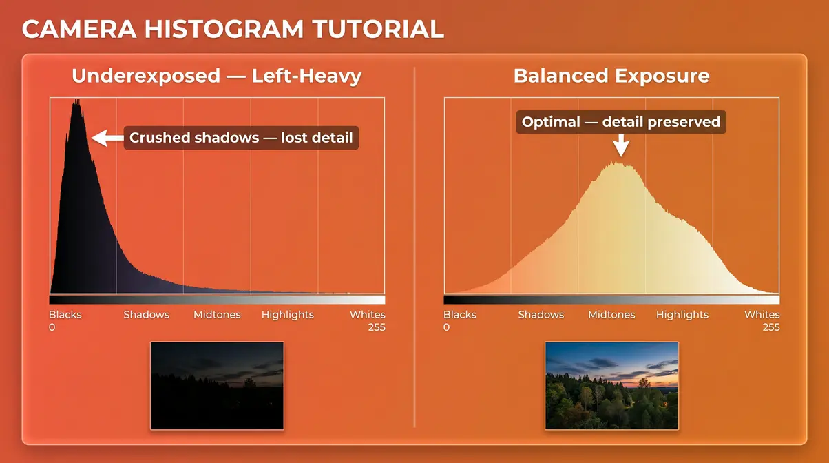 Photography histogram diagram comparing underexposed left-heavy graph versus balanced centered exposure curve