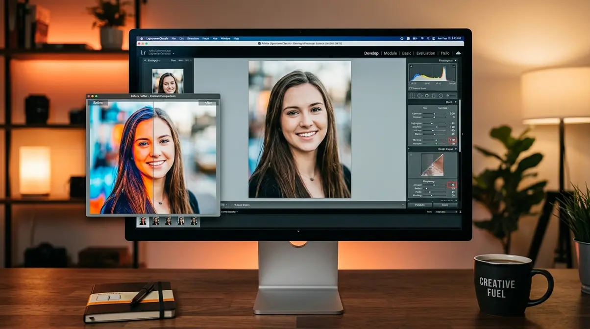 Lightroom editing interface showing correct saturation and sharpening settings to fix post-processing mistakes