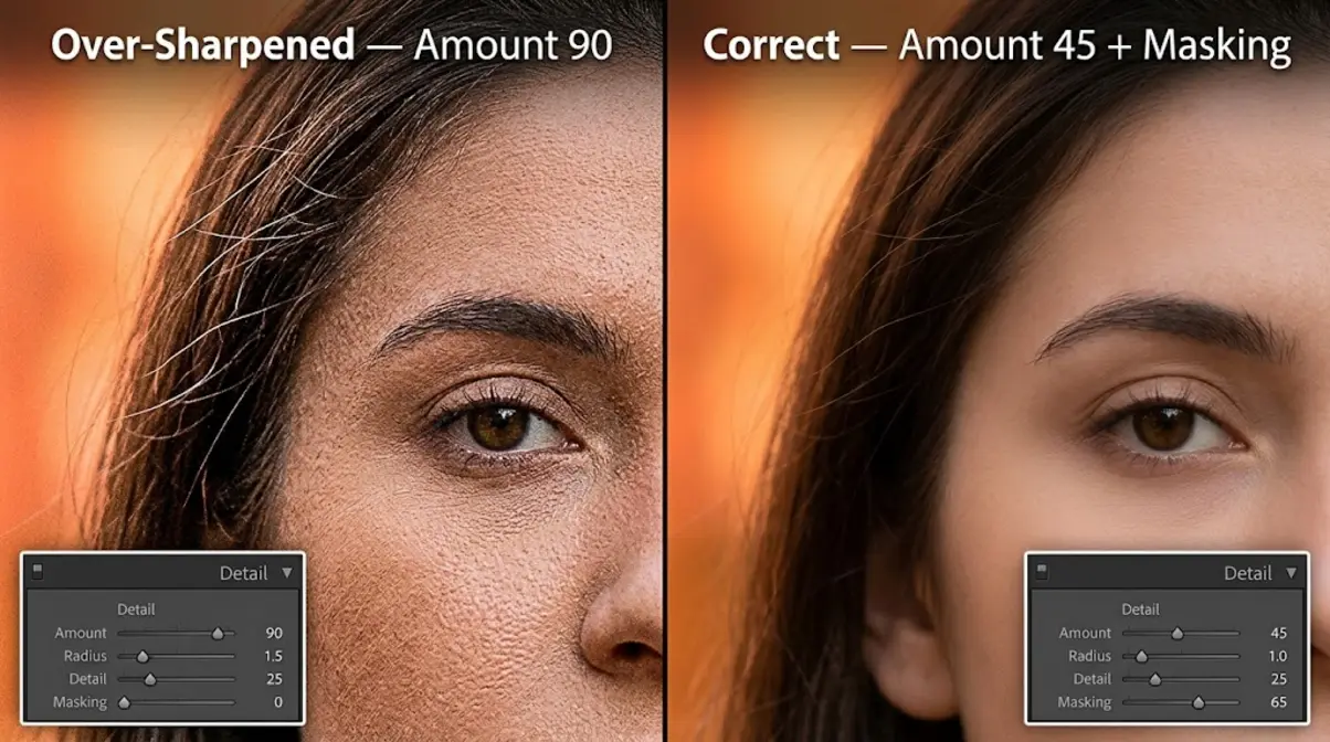 Lightroom 100 percent zoom comparison showing over-sharpened halos versus correct sharpening with masking