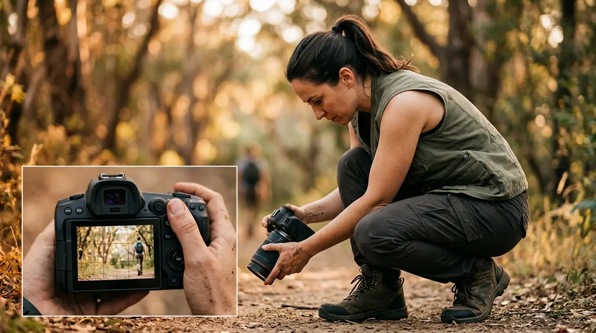 Photographer crouching to change angle with rule of thirds grid visible in camera viewfinder