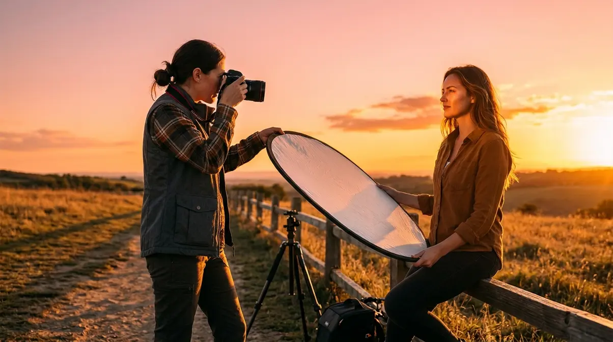 Photographer using reflector during golden hour to fix harsh lighting mistakes in outdoor portrait photography