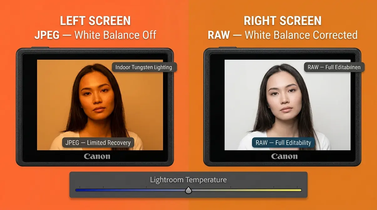 Side-by-side camera screens comparing JPEG orange color cast versus RAW white balance corrected photo