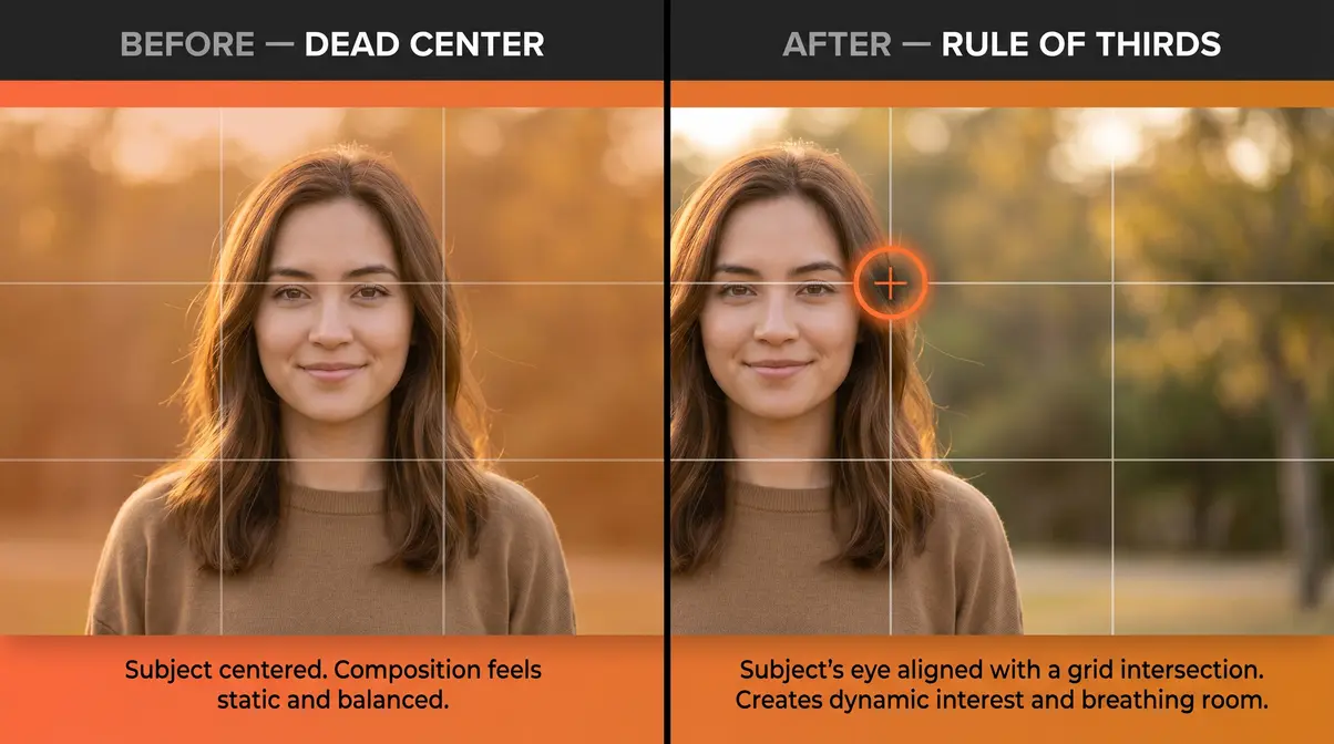 Side-by-side showing subject dead-center versus placed on rule of thirds intersection for better composition