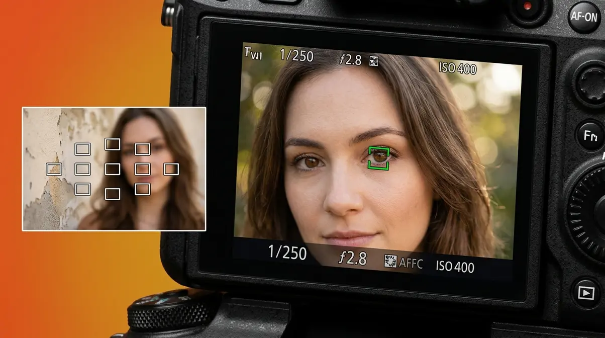 Camera viewfinder showing single-point autofocus positioned on subject eye to fix out-of-focus portrait mistakes