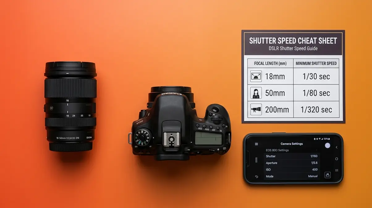 DSLR camera with shutter speed cheat sheet showing technical settings for common photography mistakes