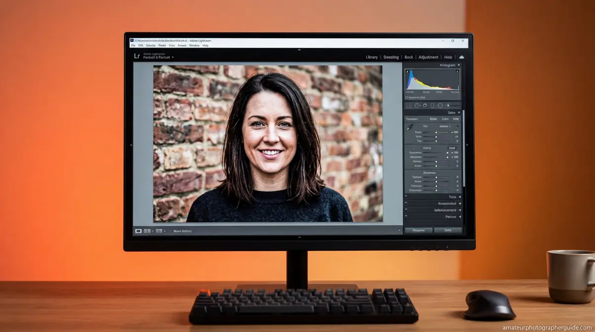 Computer screen showing photo editing software with over-sharpened portrait adjustments