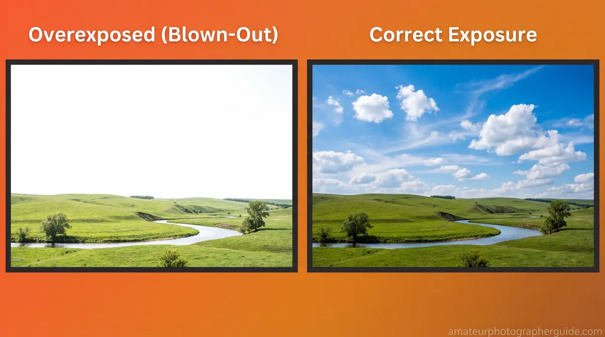 Side-by-side comparison of blown-out highlights versus correctly exposed sky, showing common photography exposure mistakes