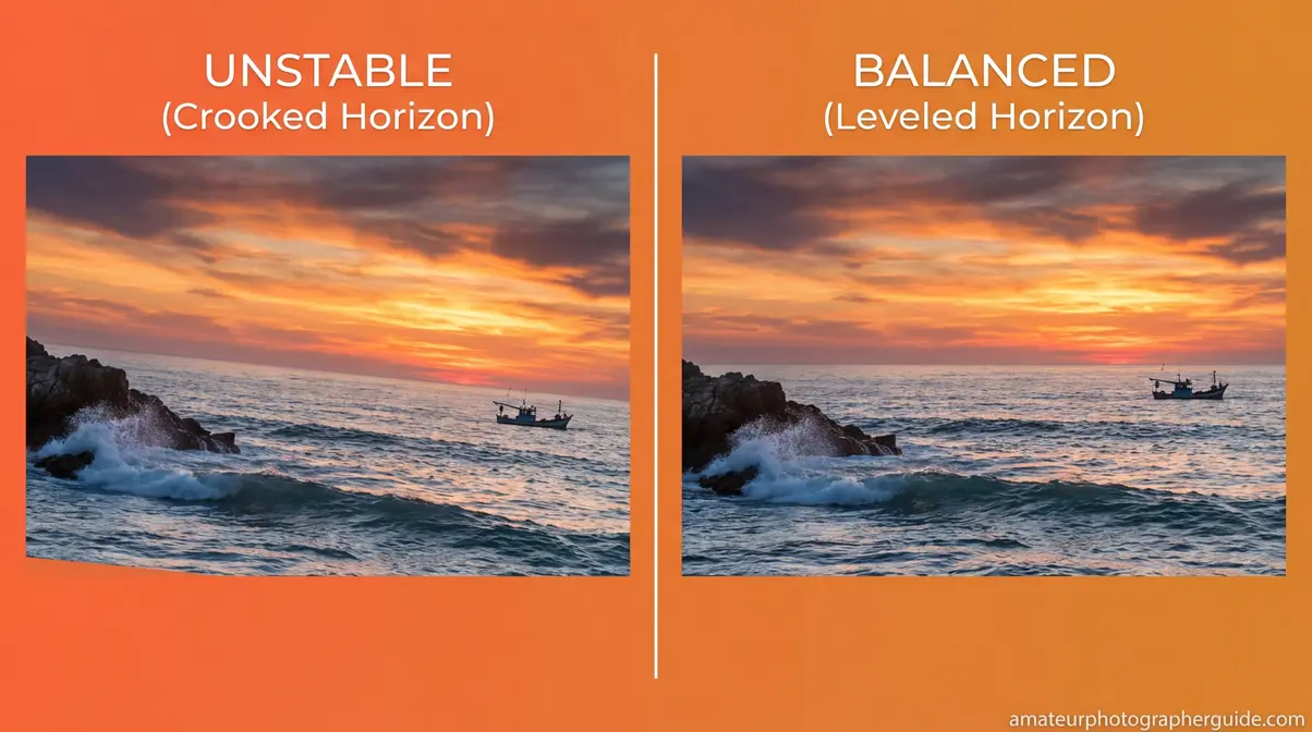 Before and after comparison of a crooked horizon versus a straight horizon, illustrating one of the most common photography composition mistakes