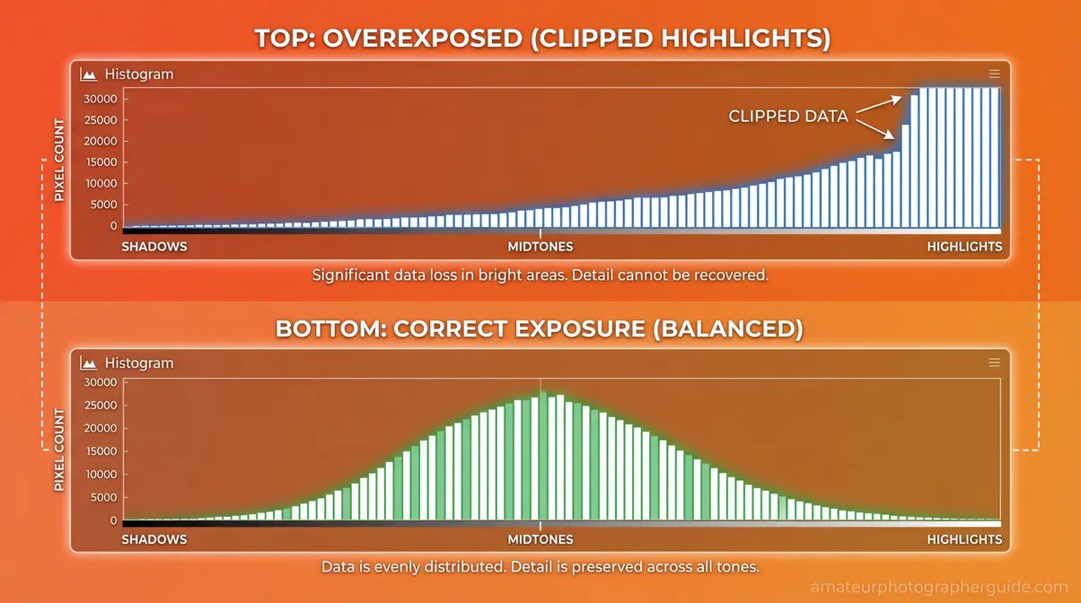 Histogram diagram showing the difference between clipped highlights and a correctly exposed photo for common photography mistakes