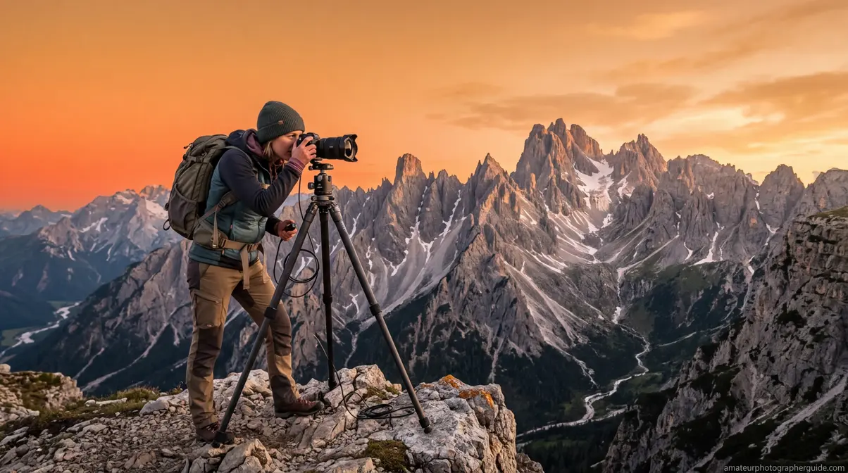 Landscape photographer using a tripod during golden hour to avoid common errors