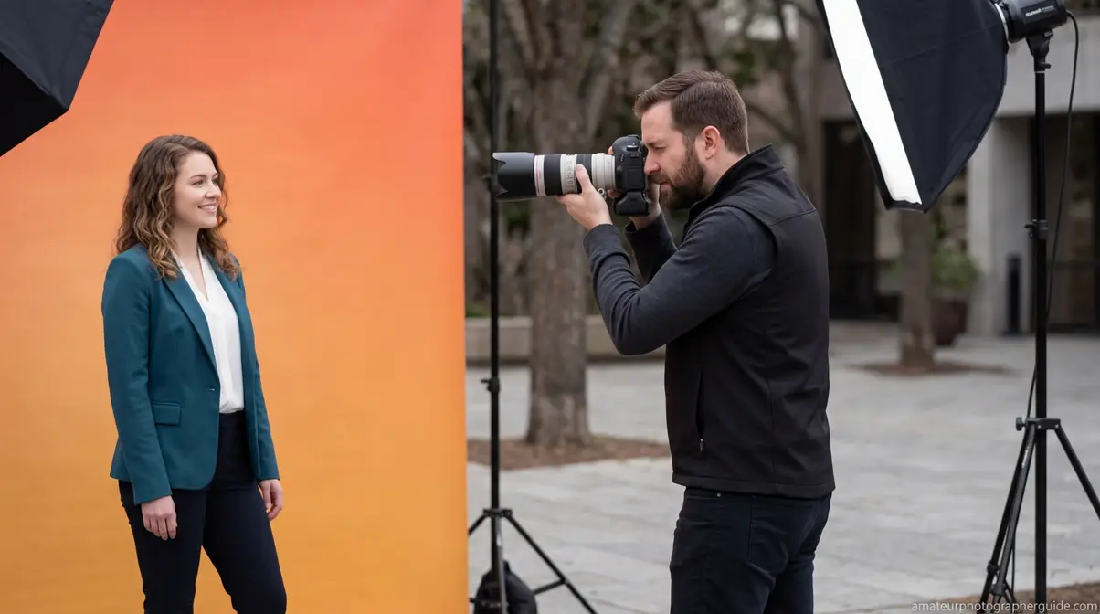 Photographer taking portrait in open shade to prevent harsh shadows