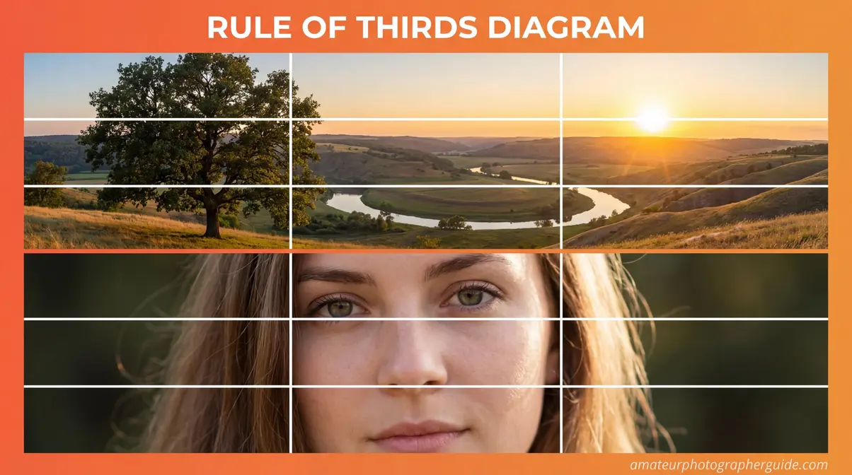Rule of Thirds grid overlay diagram showing correct subject placement for fixing common photography composition mistakes