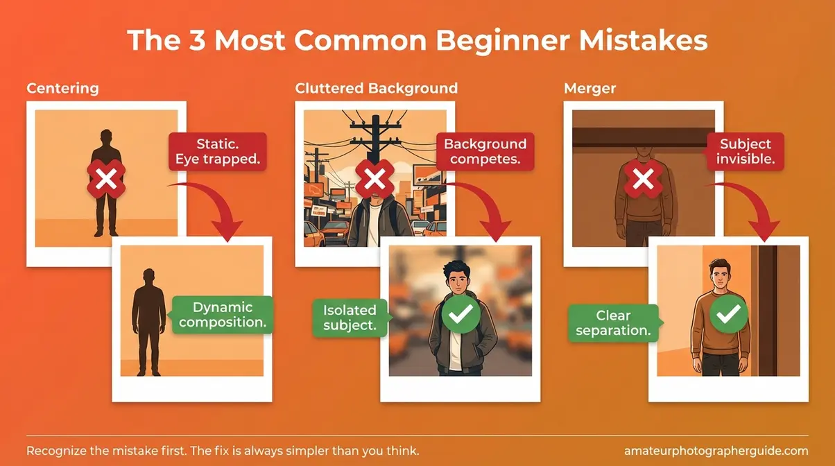 Three common beginner composition mistakes in photography — centering cluttered background and merger with visual fix examples